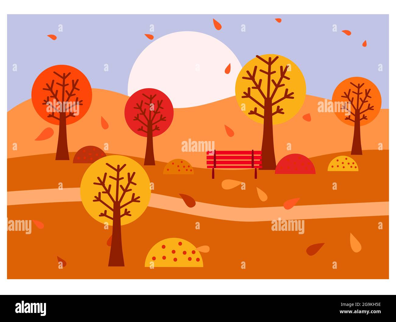 Paesaggio autunnale. Alberi con foglie gialle colorate. Alberi d'autunno e cespugli parco, foresta. Illustrazione vettoriale stile piatto minimo Illustrazione Vettoriale