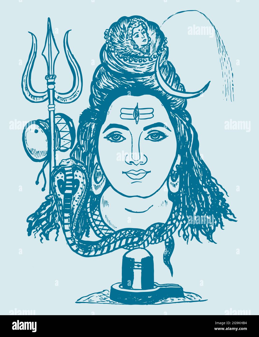Schizzo del famoso e potente dio indiano Lord Shiva e dei suoi simboli con spazio libero per il testo Foto Stock