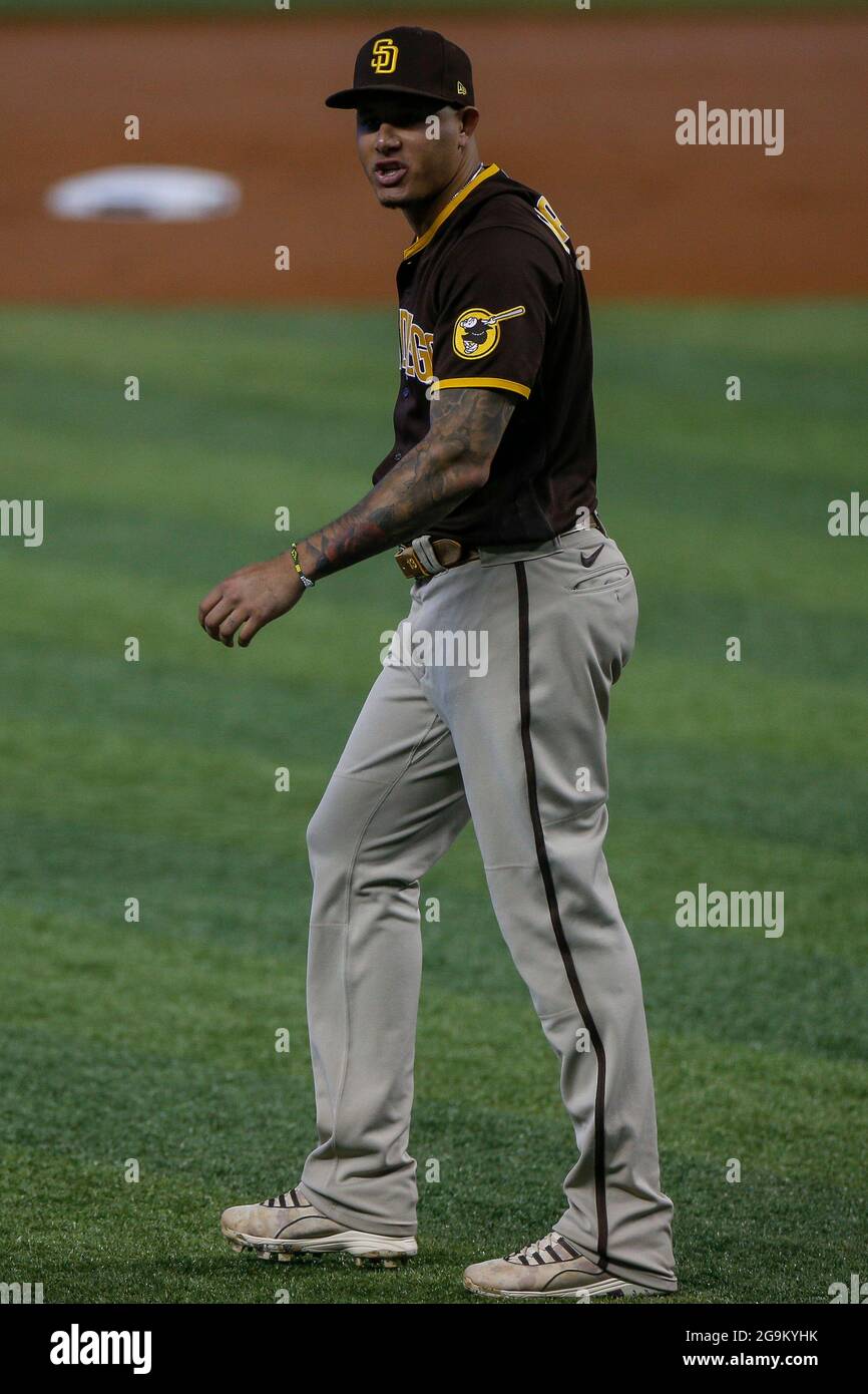 San Diego Padres terzo basemen Manny Machado (13) reagisce durante una partita regolare di stagione MLB contro i Miami Marlins, domenica 25 luglio 2021, a Miami. Foto Stock