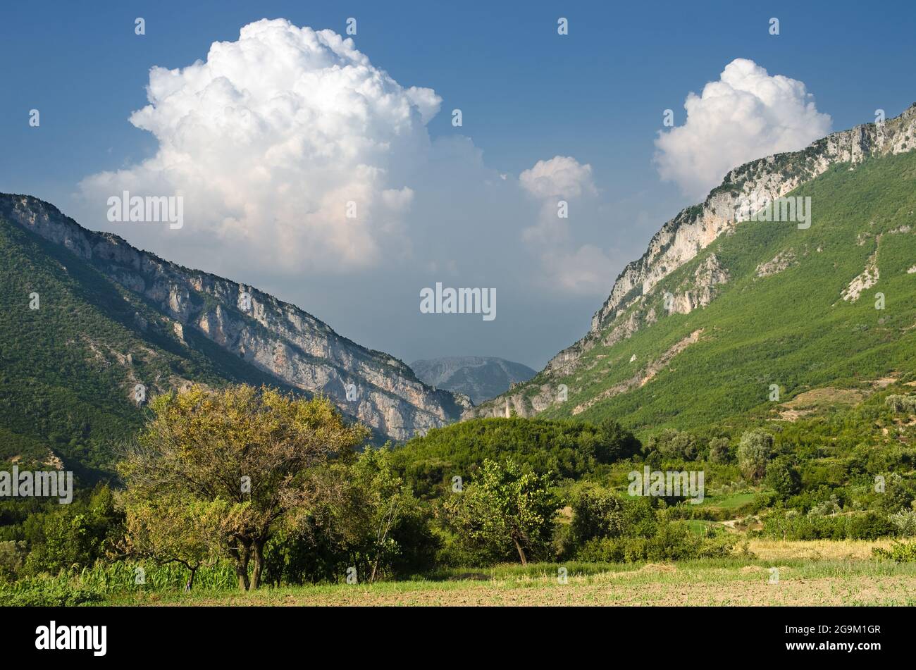 Vista del canyon dove scorre il fiume Erzen sotto un cielo drammatico vicino al villaggio di Pelrumbas in Albania Foto Stock