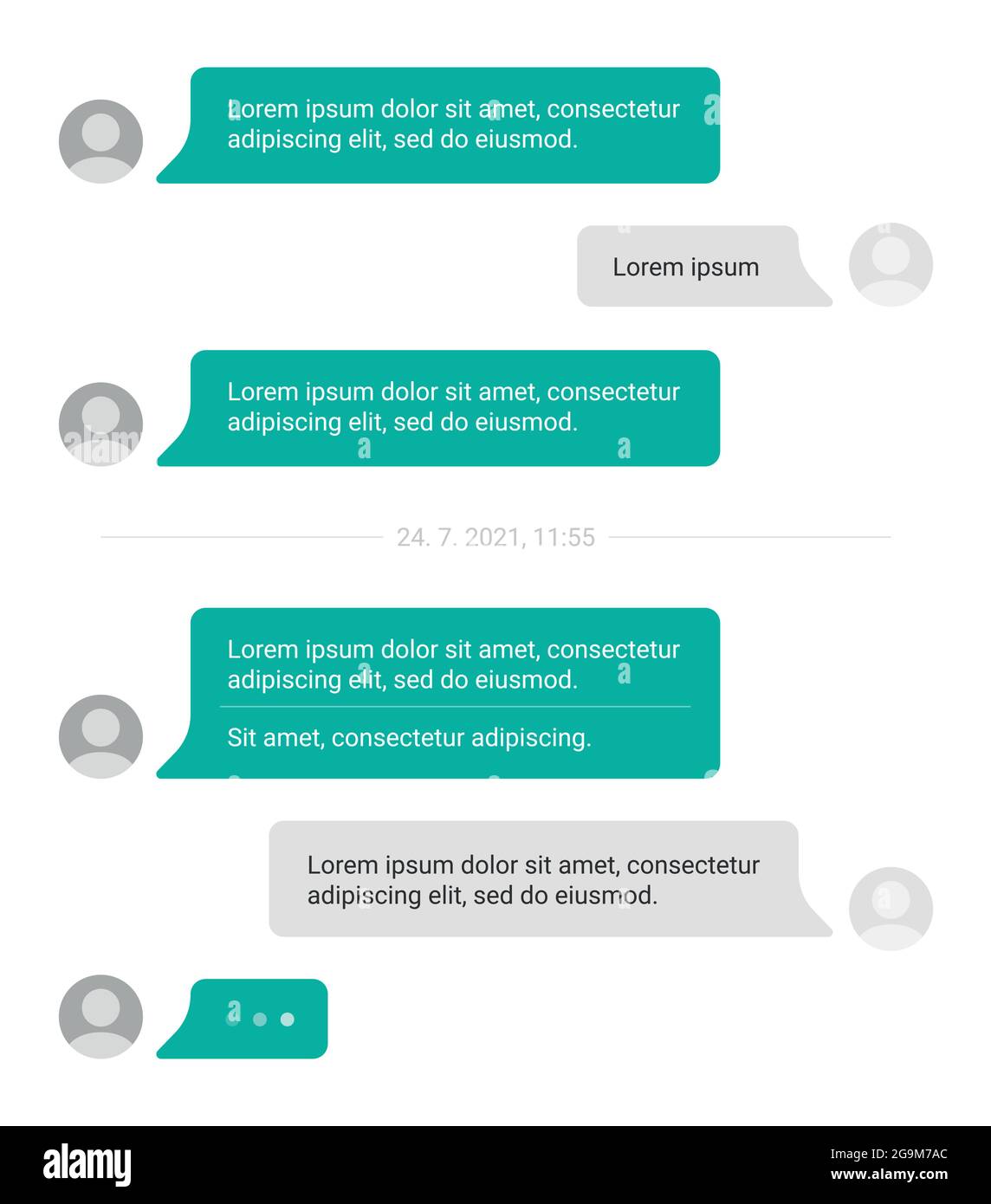 Fumetti dei messaggi di chat, modello di interfaccia con foto del profilo utente Illustrazione Vettoriale