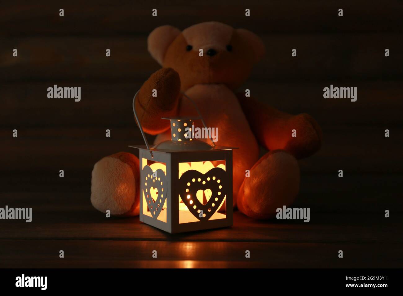 Orso Teddy con lanterna su sfondo scuro Foto stock - Alamy