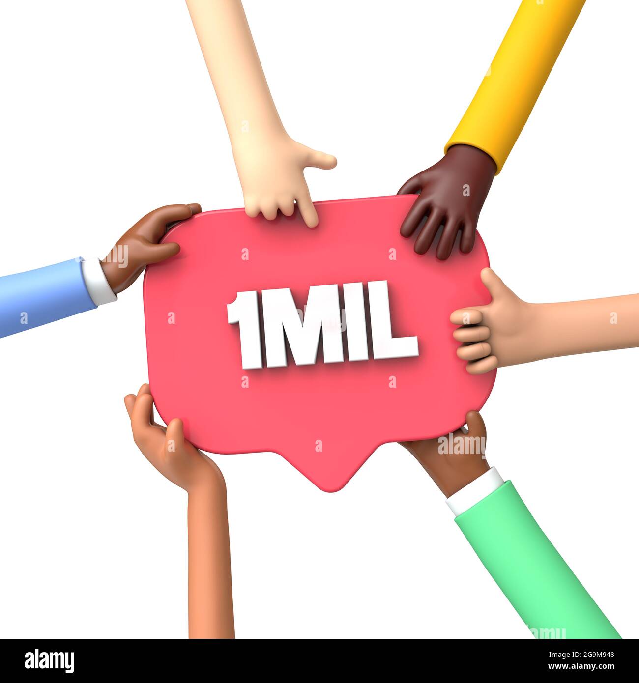 Mani con un'etichetta banner di 1 milione di follower sui social media. Rendering 3D Foto Stock