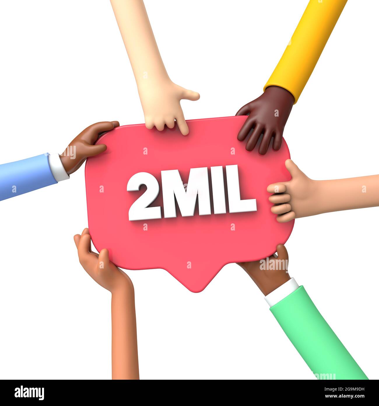 Mani con un'etichetta banner di 2 milioni di follower sui social media. Rendering 3D Foto Stock