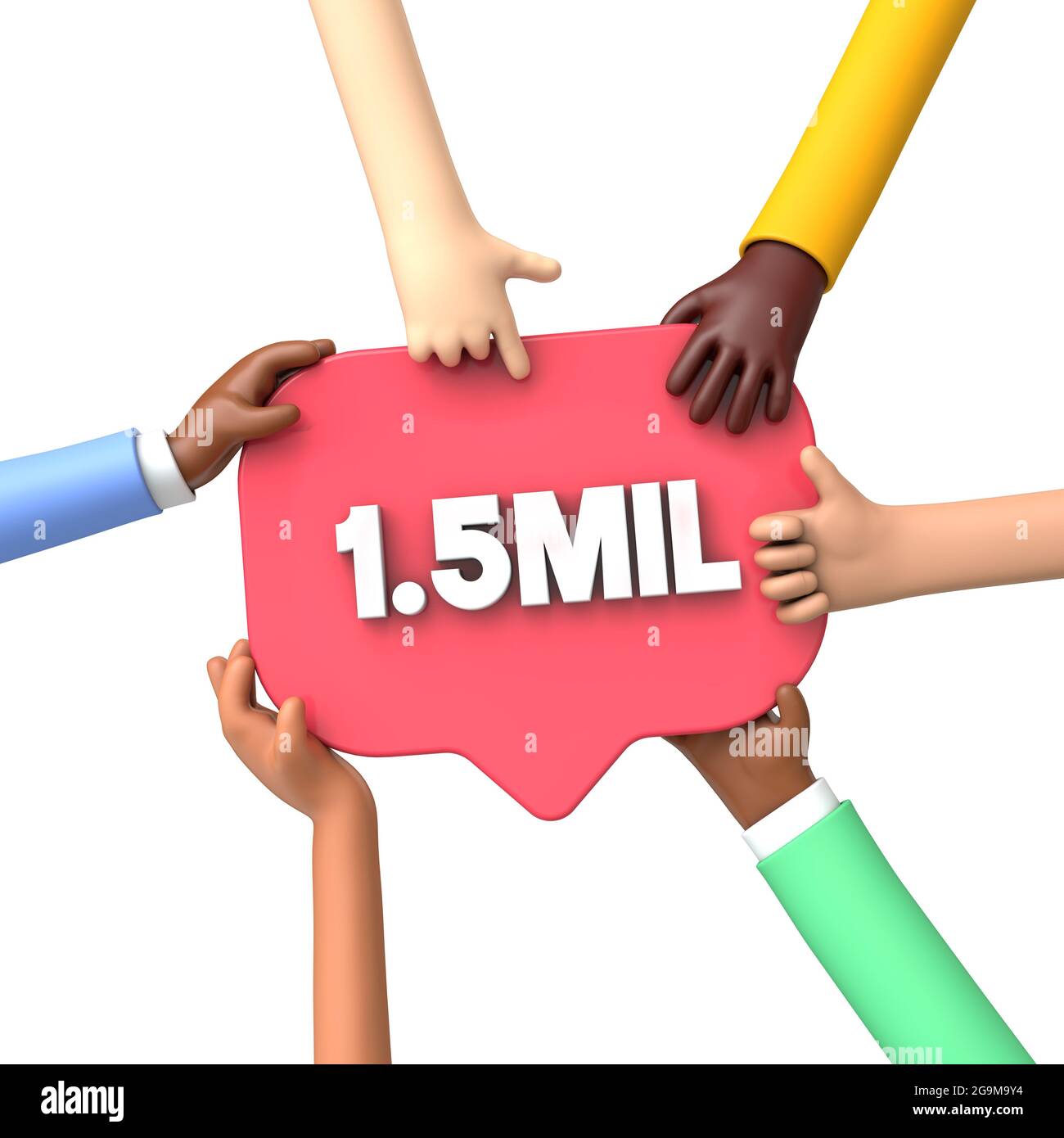 Mani con un'etichetta banner di 1.5 milioni di follower sui social media. Rendering 3D Foto Stock