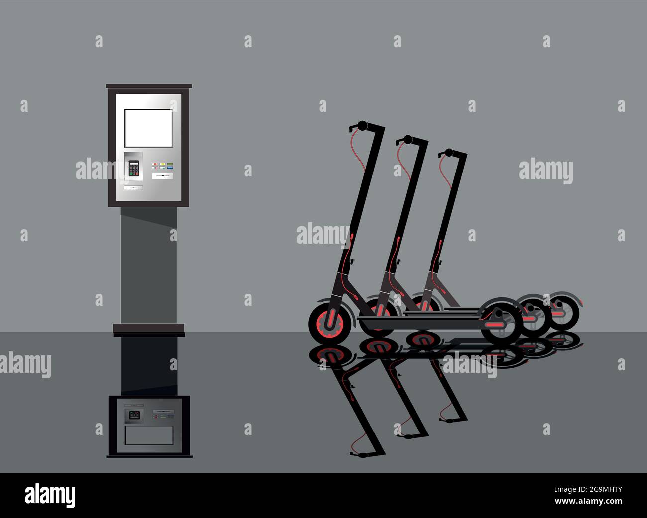 Noleggio scooter elettrico. Gli scooter elettrici per uso condiviso sono allineati e pronti per il noleggio. Illustrazione vettoriale. Illustrazione Vettoriale