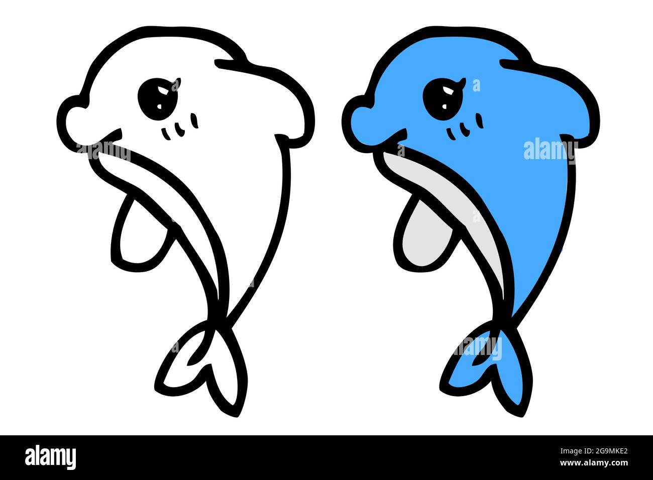 Vector Doodle cute piccolo contorno e colore Dolphin per l'apprendimento della colorazione Illustrazione Vettoriale