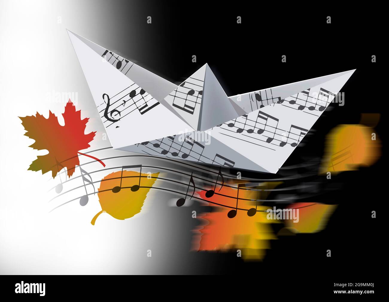 Imbarcazione Origami con note musicali e foglie autunnali. Illustrazione del modello cartaceo della barca con note musicali che simboleggiano la canzone autunnale. Foto Stock