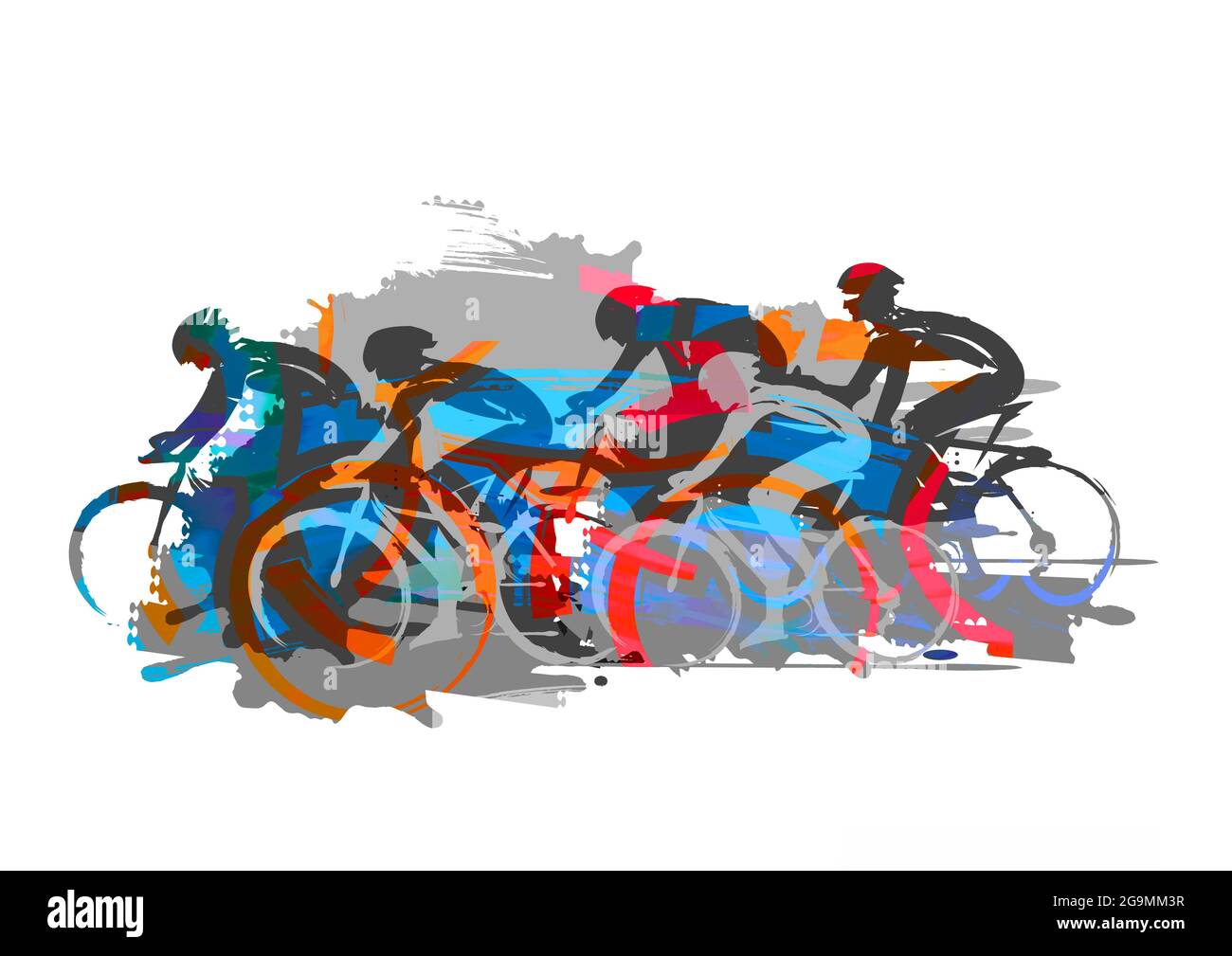 Corsa ciclistica, ciclismo su strada. Illustrazione espressiva dei ciclisti a piena velocità. Imitazione del disegno a pennello. Foto Stock