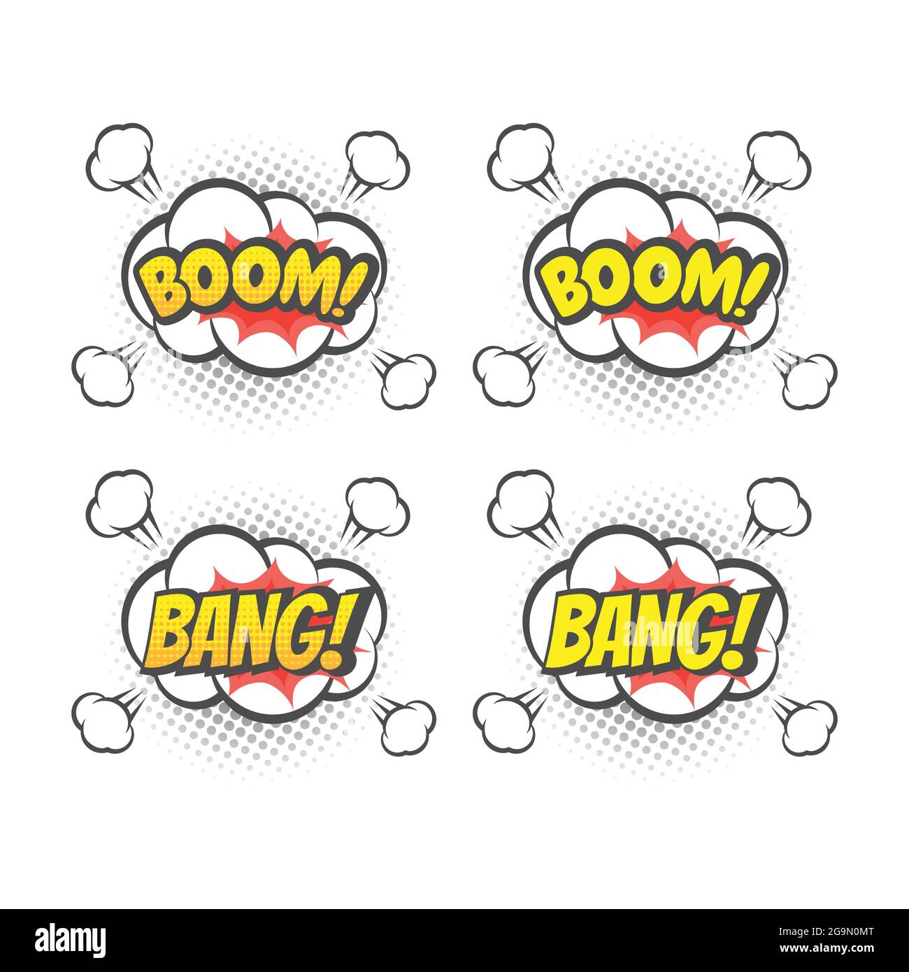 Boom e scoppio cartoni animati vettoriali colorati. Bang! Boom! testo scritta fumetto. Illustrazione Vettoriale