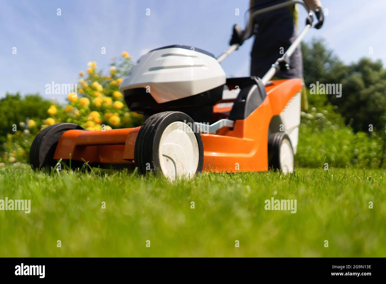 Una donna giardiniere sta rifilando l'erba con il tagliaerba, vista dal basso Foto Stock