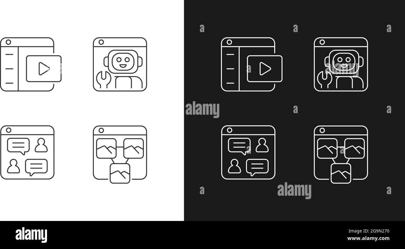 Digitalizzazione in icone lineari aziendali impostate per la modalità chiara e scura Illustrazione Vettoriale