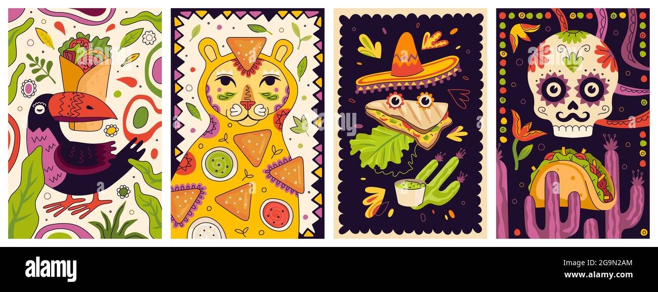 Set di design per poster promozionale messicano per fast food. Messico cucina banner burrito. Piatto latino-americano cartellone nachos o nacho e salse. Ristorante o ristorante pubblicità volantini quesadilla e tacos o taco Illustrazione Vettoriale