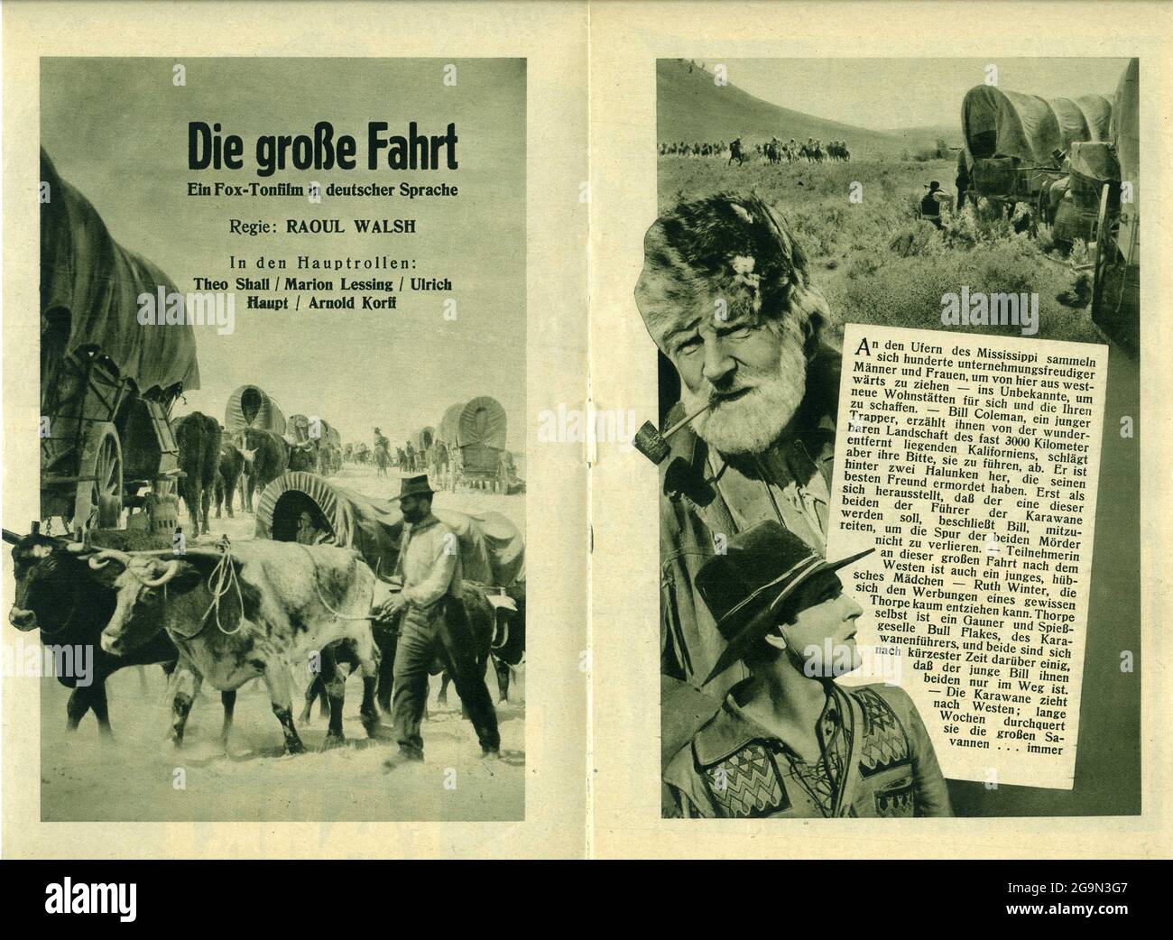 Inside Pages of Austrian Programme for THEO SHALL (in sostituzione DI JOHN WAYNE) e ANDERS VAN HADEN (in sostituzione DI TYRONE POWER Sr.) in DIE GROSSE FAHRT 1931 la versione in lingua tedesca del GRANDE SENTIERO 1930 registi RAOUL WALSH e LEWIS SEILER Fox Film Corporation / Deutsche Vereins-Film AG (Defa-Deutsche Fox) Foto Stock