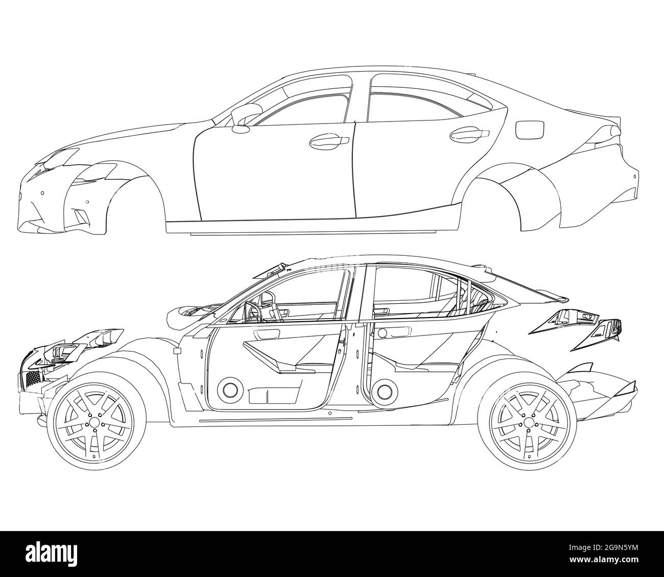 Profilo della macchina smontato in parti isolate su sfondo bianco. Le parti della macchina sono separate l'una dall'altra. Vista laterale. Illustrazione vettoriale. Illustrazione Vettoriale