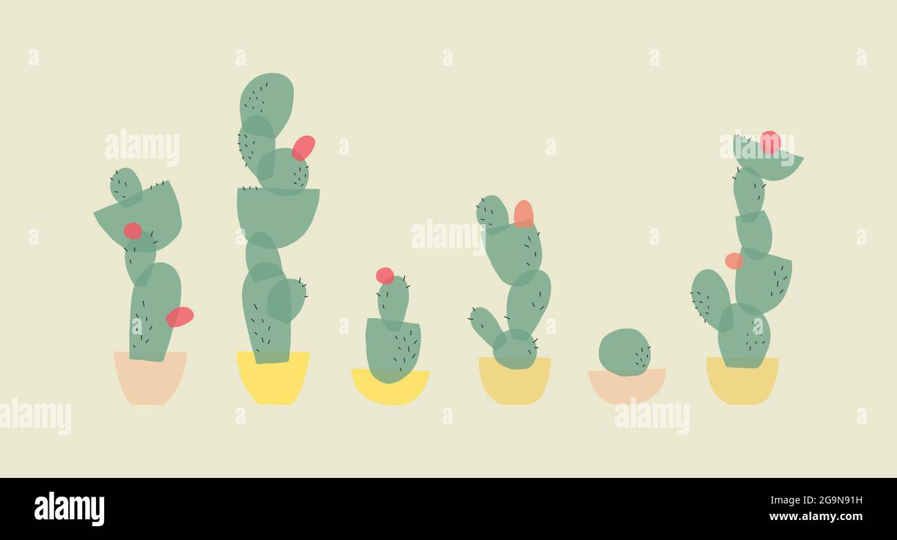 Set di cactus in stile moderno e piatto. Illustrazione Vettoriale