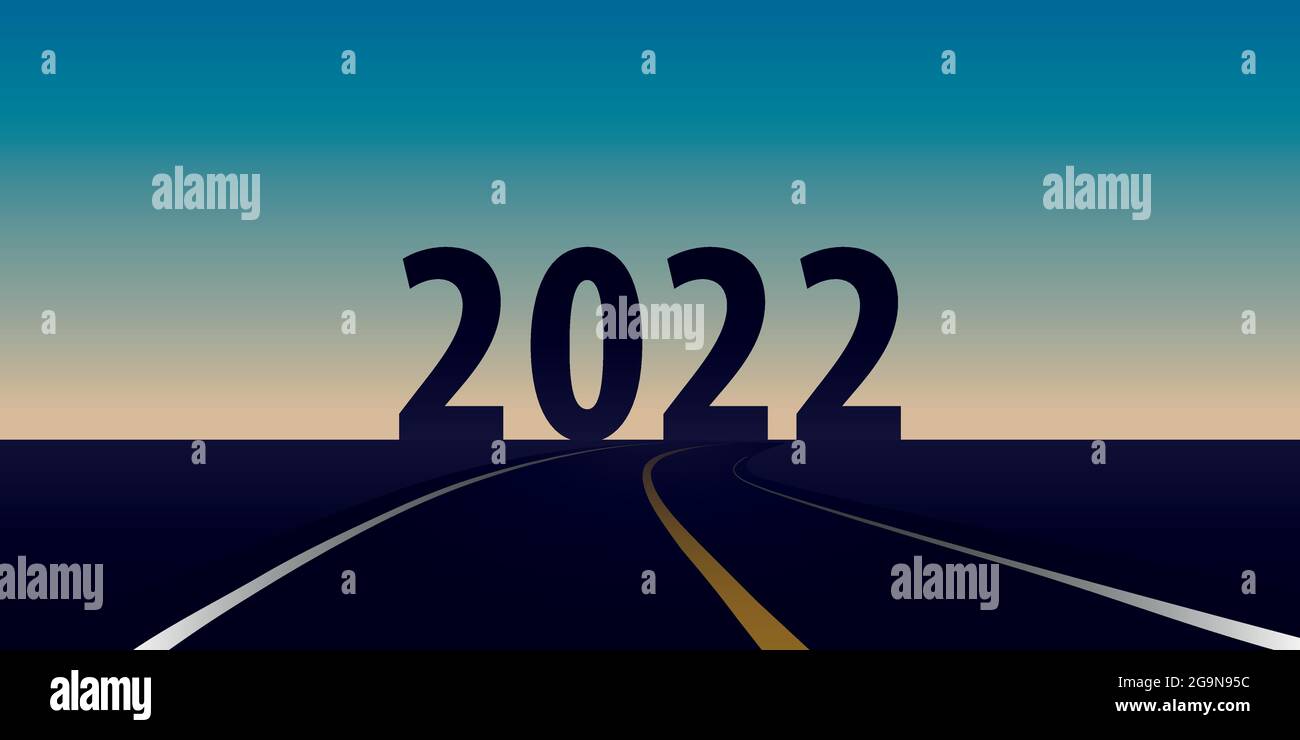 strada asfaltata in direzione 2022 sullo sfondo dell'orizzonte dell'alba Illustrazione Vettoriale