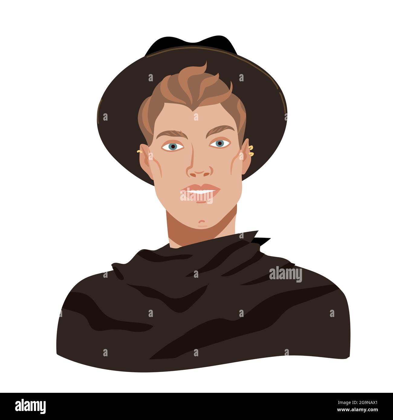 Uomo elegante con cappello e cappotto nero. Uomo alla moda sorridente. Ritratto maschile in stile cartoon piano. Avatar ragazzo di media età isolato su sfondo bianco Illustrazione Vettoriale