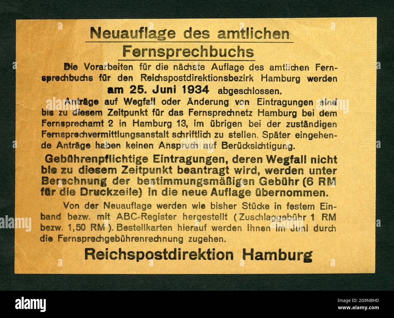 German Reichspost, Reichspostdirektion Hamburg, ADDITIONAL-RIGHTS-CLEARANCE-INFO-NOT-AVAILABLE Foto Stock