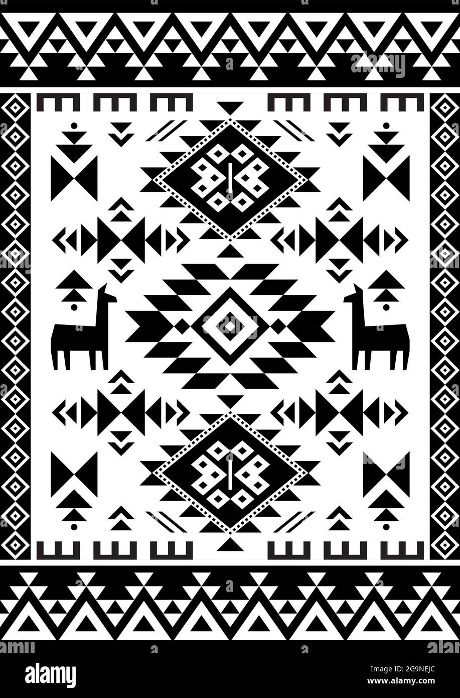 Motivo rettangolare vettoriale tribale geometrico con forme astratte lama, bianco e nero in stile tappeto peruviano, tessuto azteco o stampa tessuto 2x3 forma Illustrazione Vettoriale