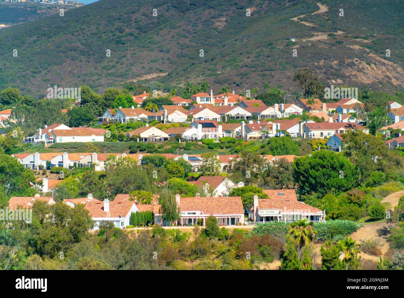 Bella vista di edifici con tetti piastrellati circondato da alberi in una giornata soleggiata estiva Foto Stock