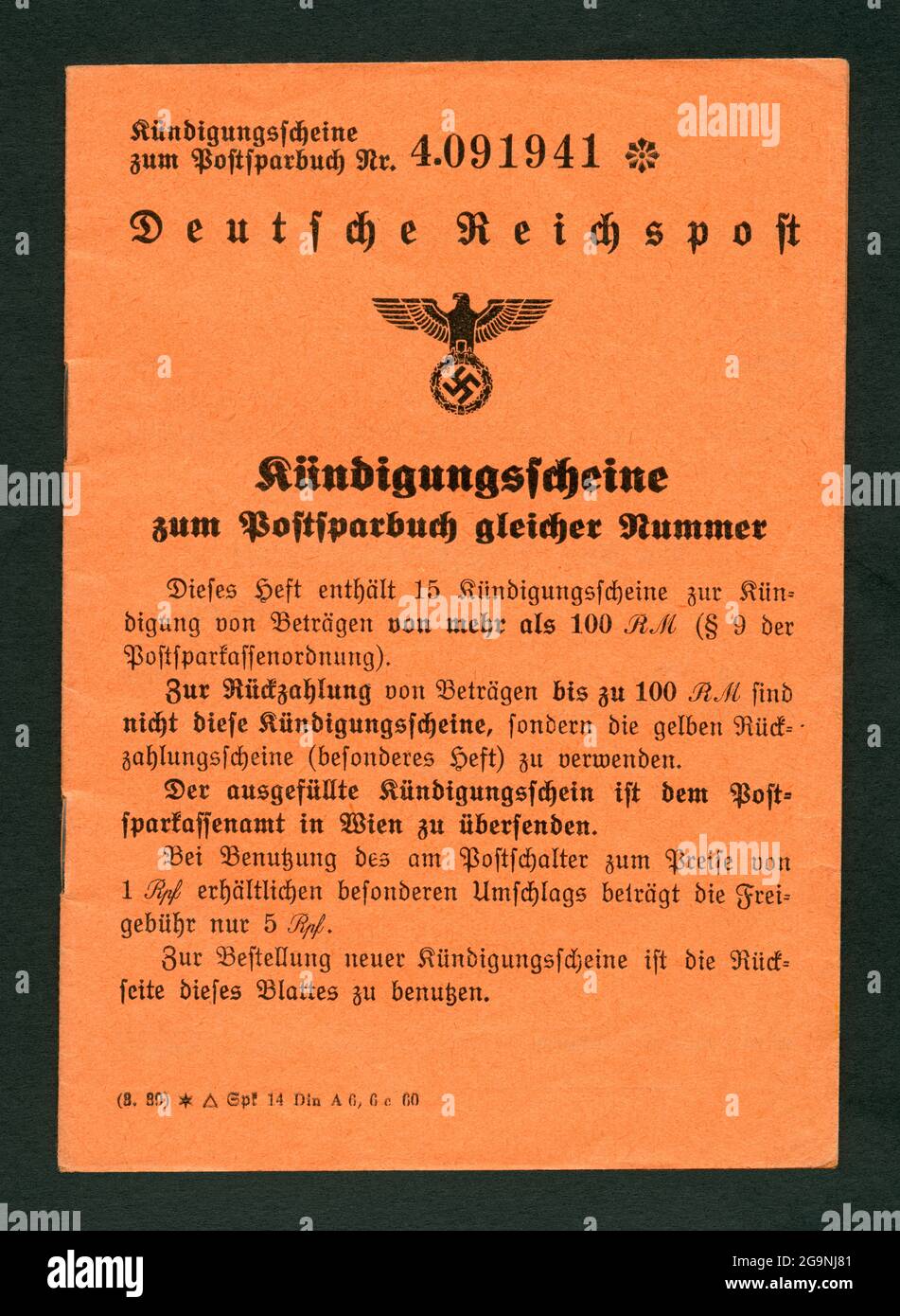 Europa, Germania, Austria, Vienna, Reichspost tedesco, Libretto di risparmio postale, documento di rimborso, INFORMAZIONI-DIRITTI-AGGIUNTIVI-DI-LIQUIDAZIONE-NON-DISPONIBILI Foto Stock
