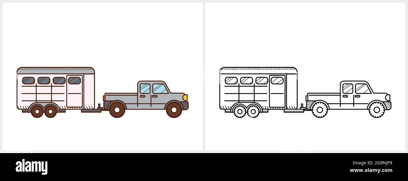 Libro da colorare del rimorchio del cavallo per il capretto. Rimorchio a cavallo Illustrazione Vettoriale