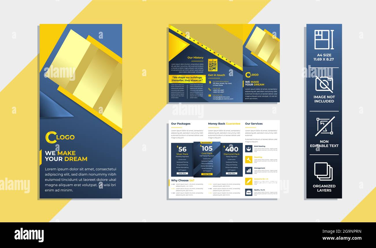 Yellow Gradient Construction Trifold Brochure Premium template vettoriale su sfondo bianco Illustrazione Vettoriale