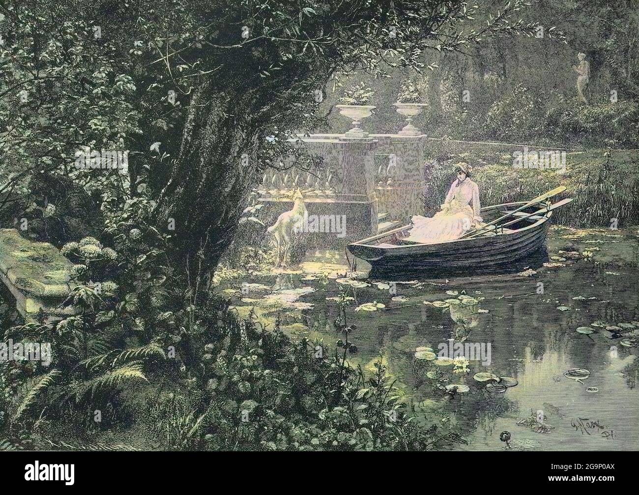 Sommertag, junge Dame ist mit einem Ruderboot auf einem kleinen Seerosenteich, Historisch, storico, digitale riproduzione migliorata di un originale del 19 ° secolo, coloriert / digitale Reproduktion einer Originalvorlage aus dem 19. Jahrhundert, colorato, Originaldatum nicht bekannt Foto Stock