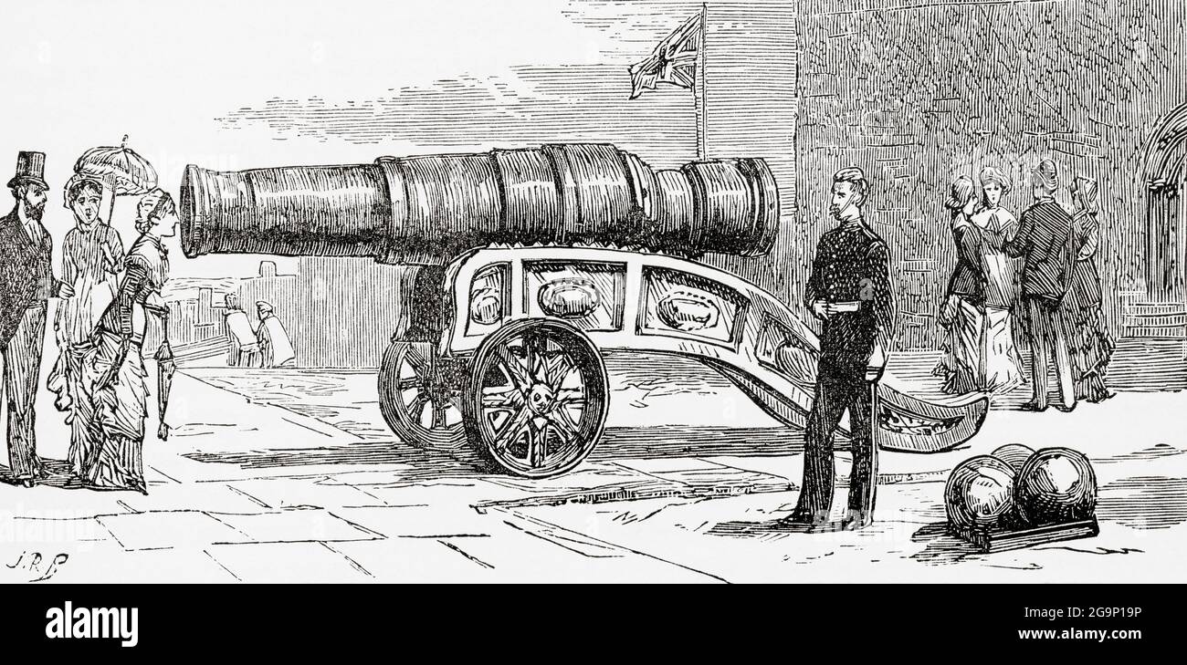Mons Meg, un bombardo medievale situato nel Castello di Edimburgo, Castle Rock, Edimburgo, Scozia, visto qui nel 19 ° secolo. Dalla pittoresca Scozia le sue scene romantiche e le associazioni storiche, pubblicato intorno al 1890. Foto Stock