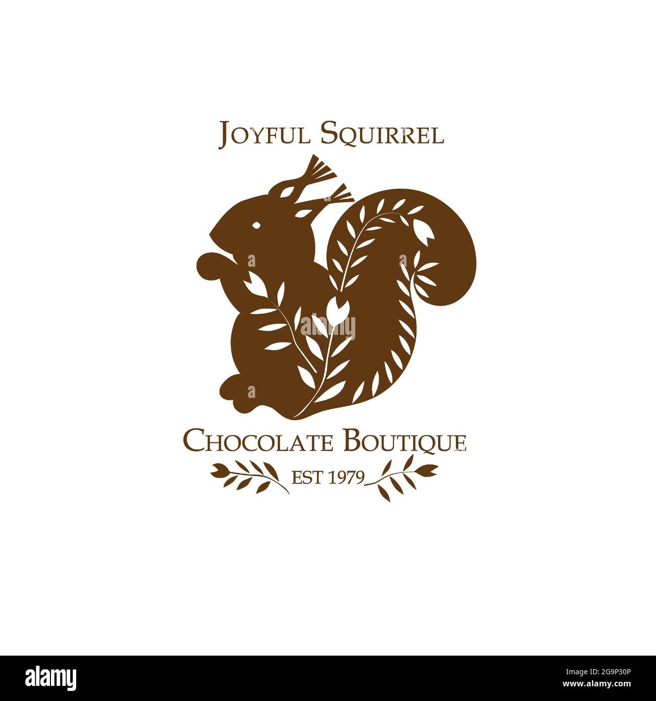 Design con logo di Chocolate Boutique prefabbricato. Gioioso scoiattolo. Colori bianco e nero. Sfondo isolato. Profilo con timbro disegnato a mano. Arredamento in casa colonica Illustrazione Vettoriale