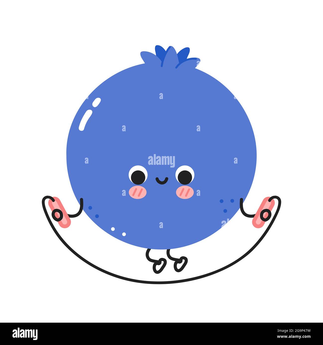 Carino mirtillo divertente fare palestra con corda di salto. Icona di illustrazione del carattere kawaii della cartoon vettoriale a linea piatta. Isolato su sfondo bianco. Allenamento con mirtillo, sport, concetto di carattere fitness Illustrazione Vettoriale