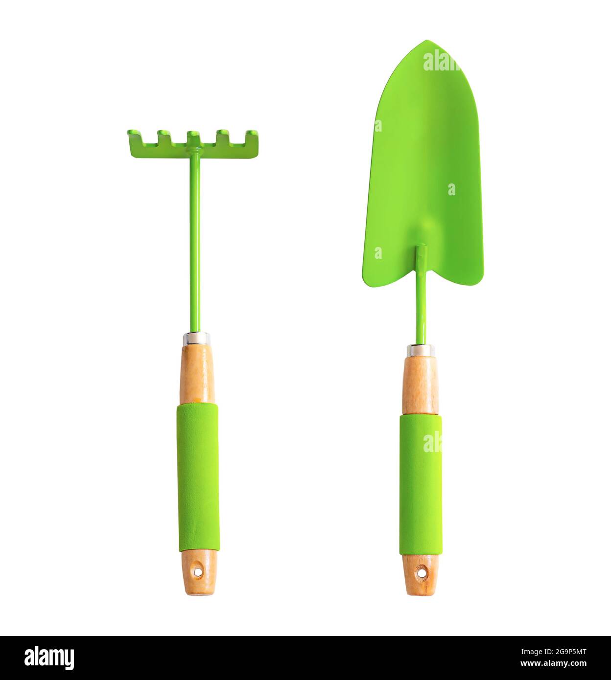 Attrezzi di giardinaggio su uno sfondo bianco. Oggetto isolato Foto Stock