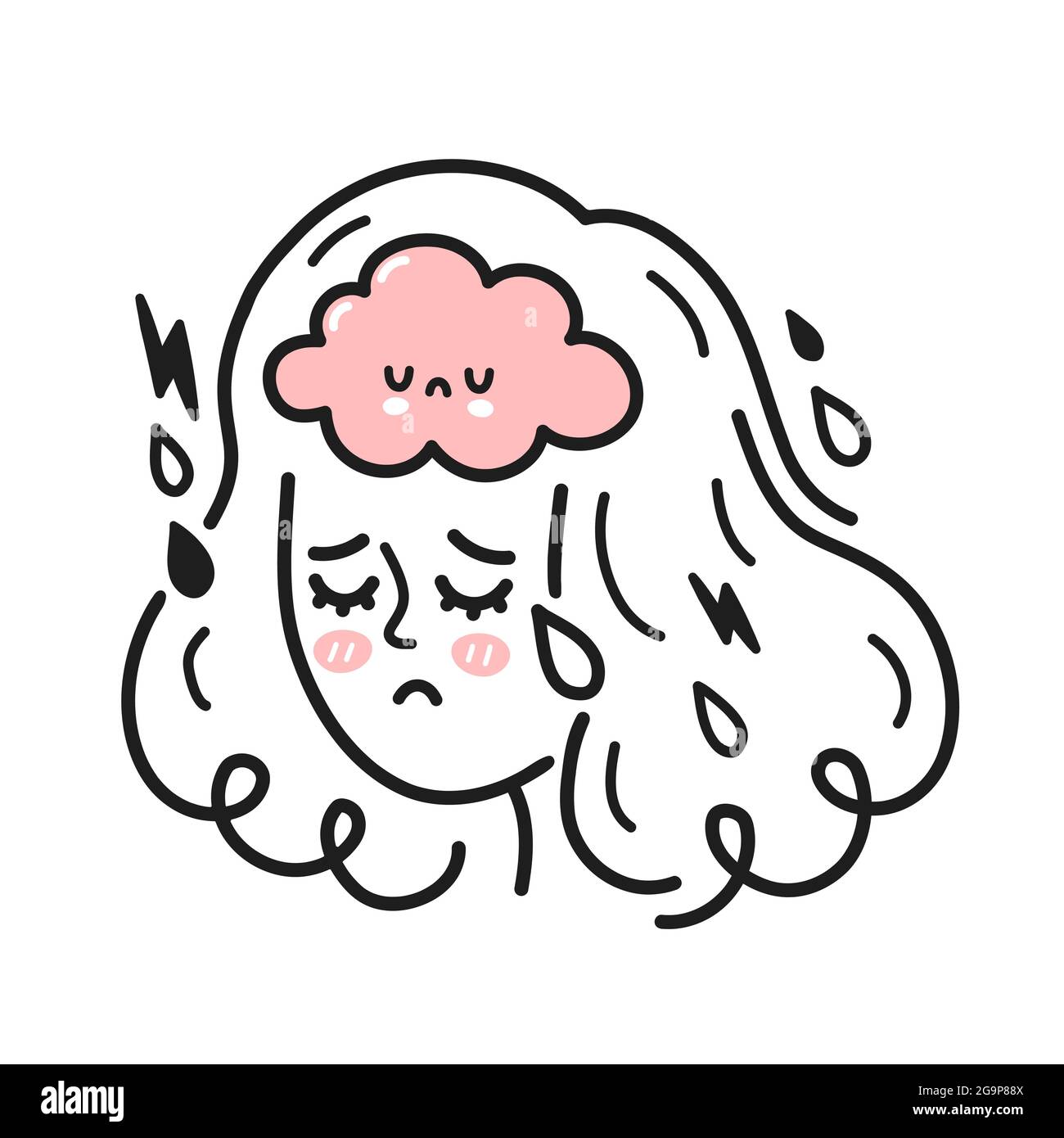 Cute testa donna con cervello triste all'interno. Cattivo umore, mentale, concetto di problema di condizione emotiva. Icona raffigurante un carattere cartoon disegnato a mano dal vettore. Disturbo bipolare, concetto di depressione Illustrazione Vettoriale