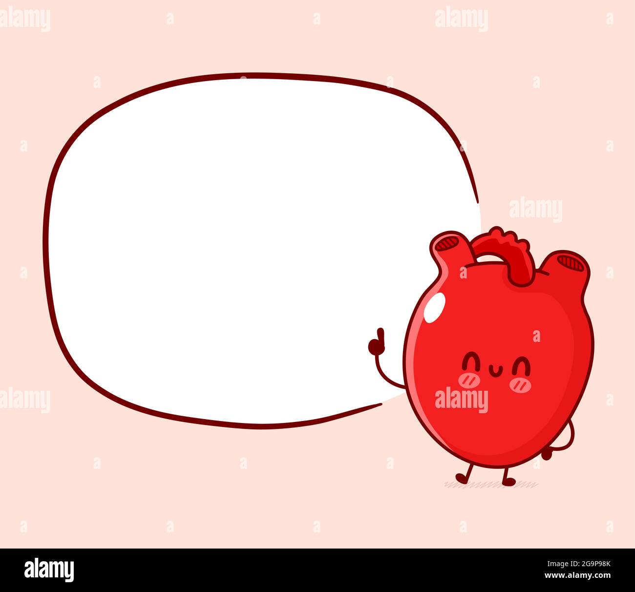 Carino divertente organo cuore umano con casella di testo. Vettoriale linea piatta doodle cartoon kawaii personaggio illustrazione. Organo cuore umano, anatomia cartone animato mascotte concetto di carattere Illustrazione Vettoriale