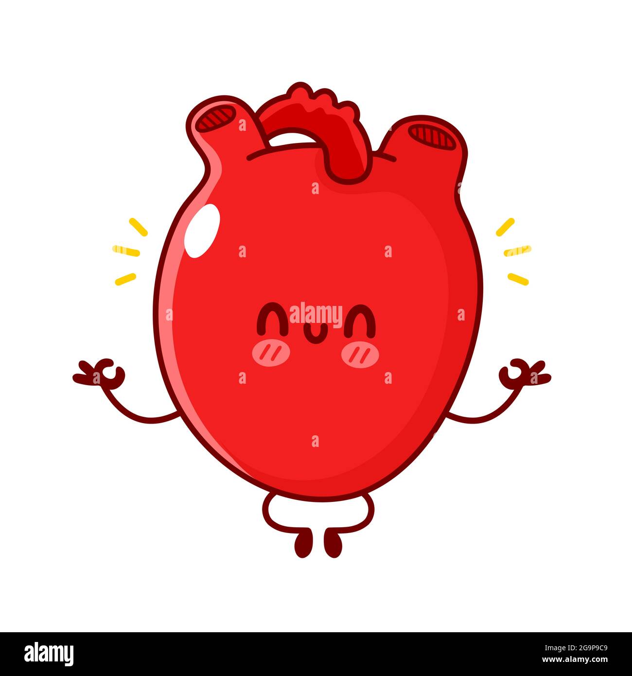 Carino divertente cuore umano organo meditare. Vettoriale linea piatta doodle cartoon kawaii personaggio illustrazione. Isolato su sfondo bianco. Organo cuore umano, anatomia cartone animato mascotte concetto di carattere Illustrazione Vettoriale