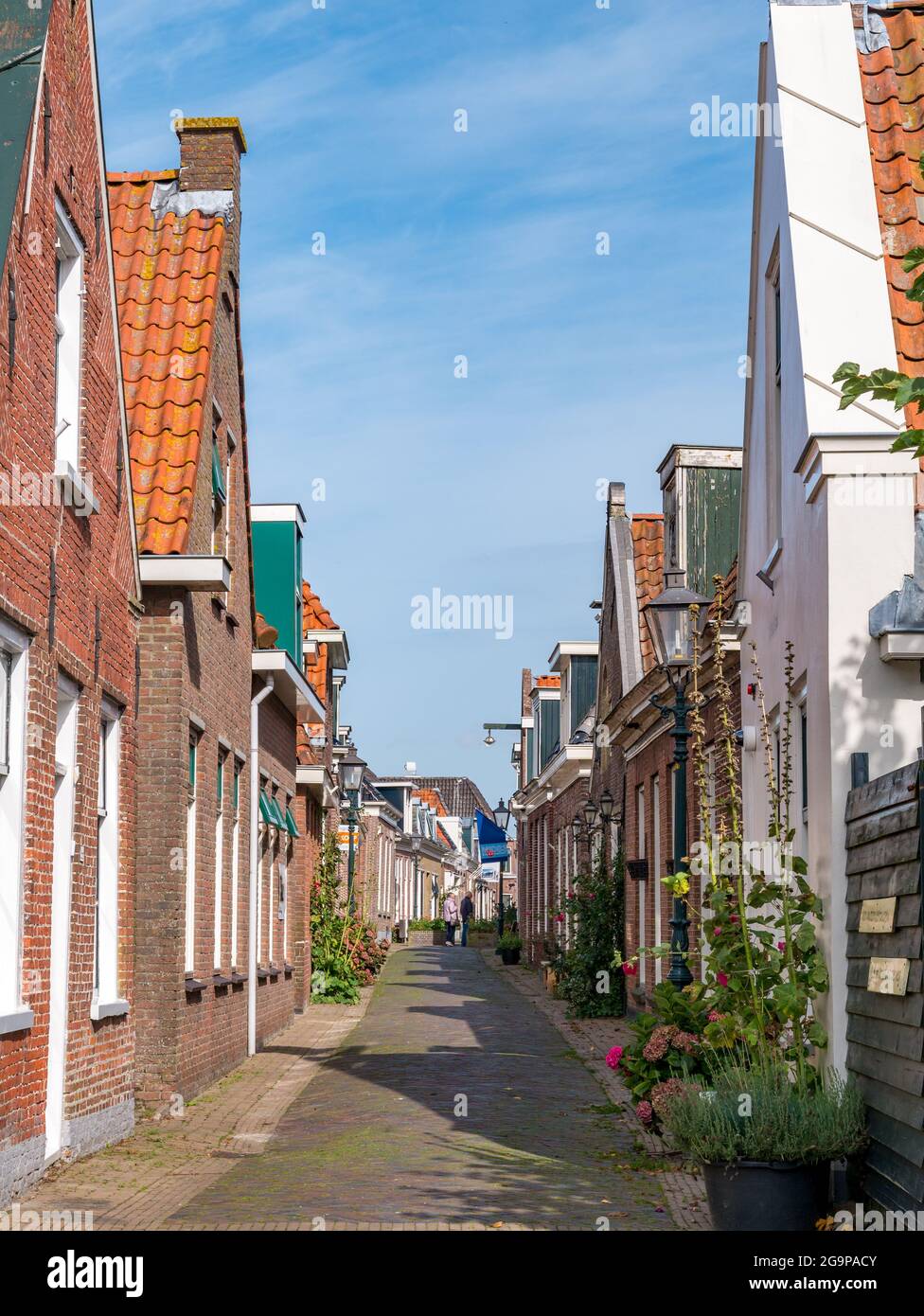 Scena di strada di strada stretta Midstrjitte nel villaggio di Waldsein, Woudsend, Friesland, Paesi Bassi Foto Stock