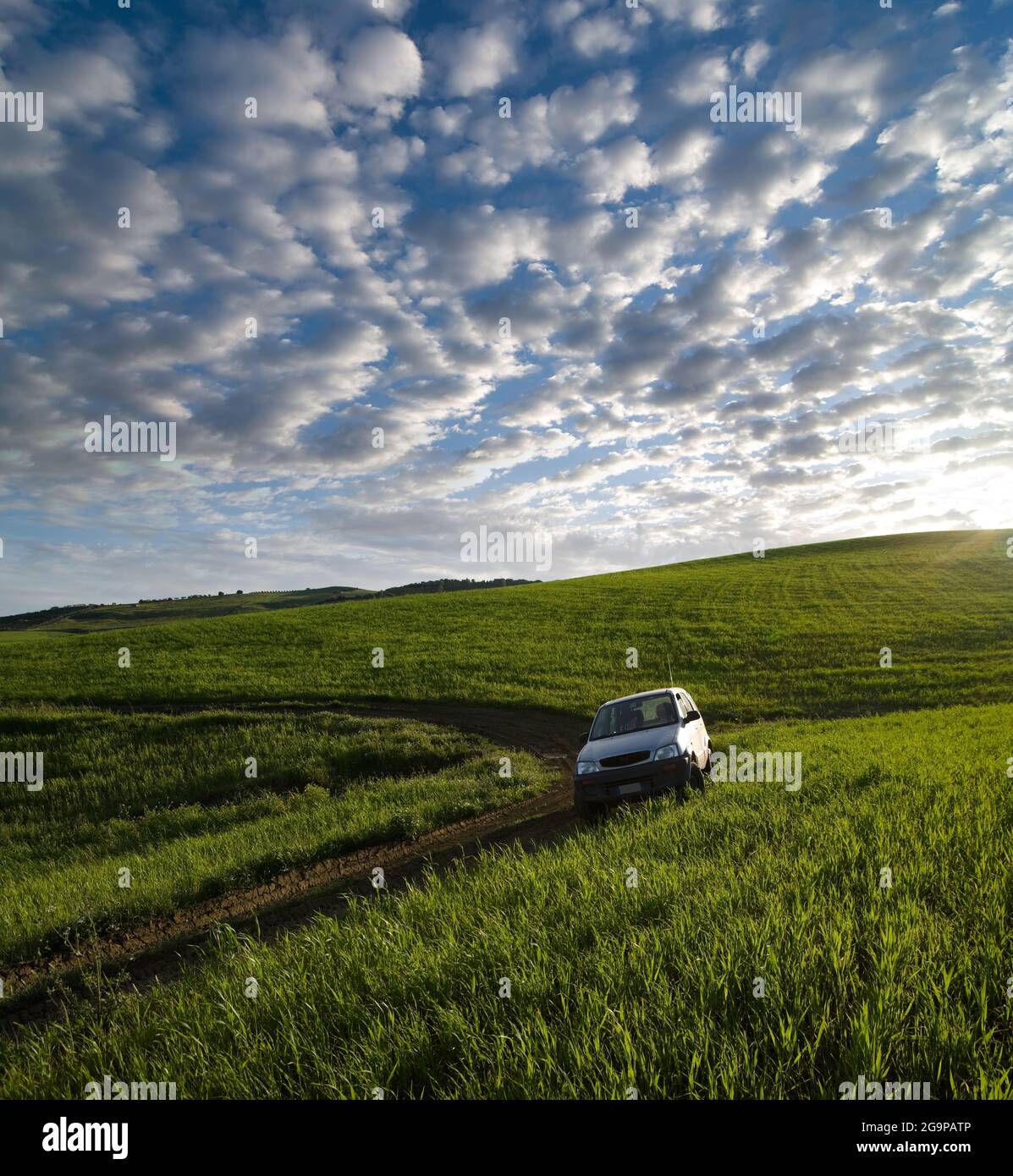 veicolo fuori strada in un campo di erba verde contro il paesaggio nuvoloso al tramonto Foto Stock