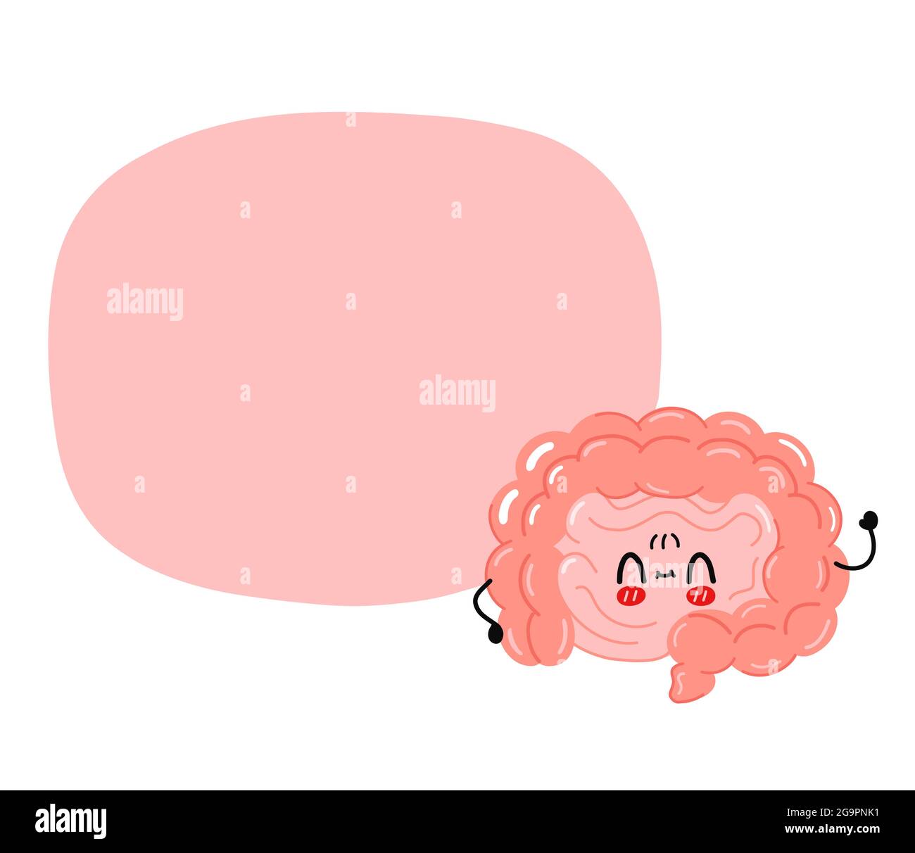 Simpatico simpatico personaggio dell'organo intestinale con casella di testo. Icona raffigurante il carattere kawaii del fumetto disegnato a mano del vettore. Isolato su sfondo bianco. Organo intestinale umano, concetto di carattere cartoon Illustrazione Vettoriale