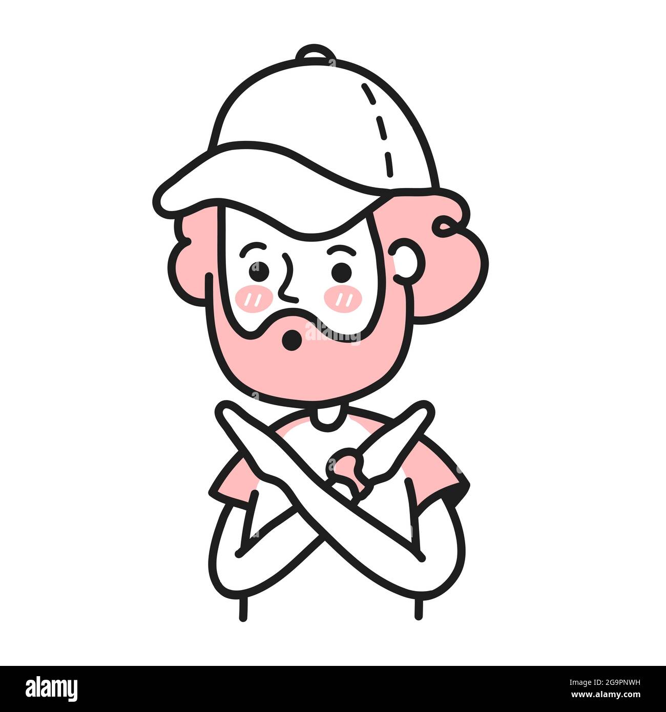 Giovane uomo sopportato che attraversa le braccia e non dice alcun gesto. Illustrazione del personaggio vettoriale doodle cartoon. Isolato su sfondo bianco. Persona che forma X, segno di stop con le mani ed espressione negativa Illustrazione Vettoriale