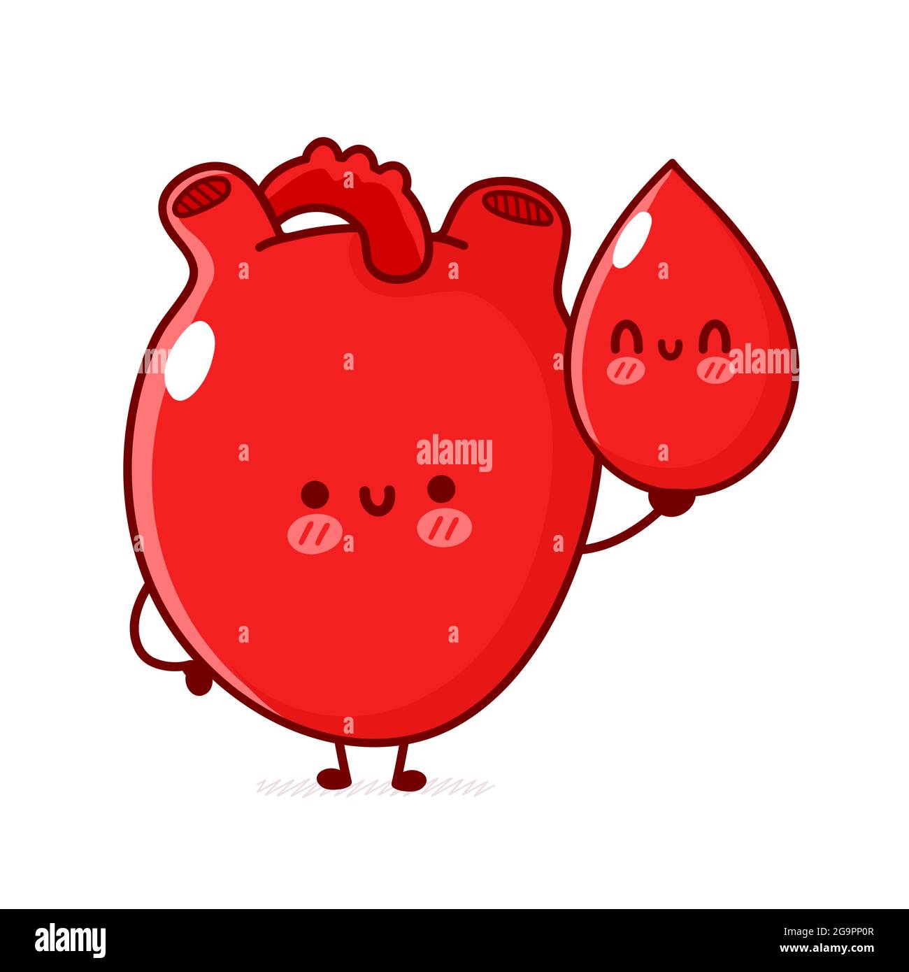 Carino divertente organo cuore umano tenere goccia di sangue. Vettoriale linea piatta doodle cartoon kawaii personaggio illustrazione. Isolato su sfondo bianco. Organo cuore umano, concetto di carattere mascotte cartoni animati. Illustrazione vettoriale Illustrazione Vettoriale