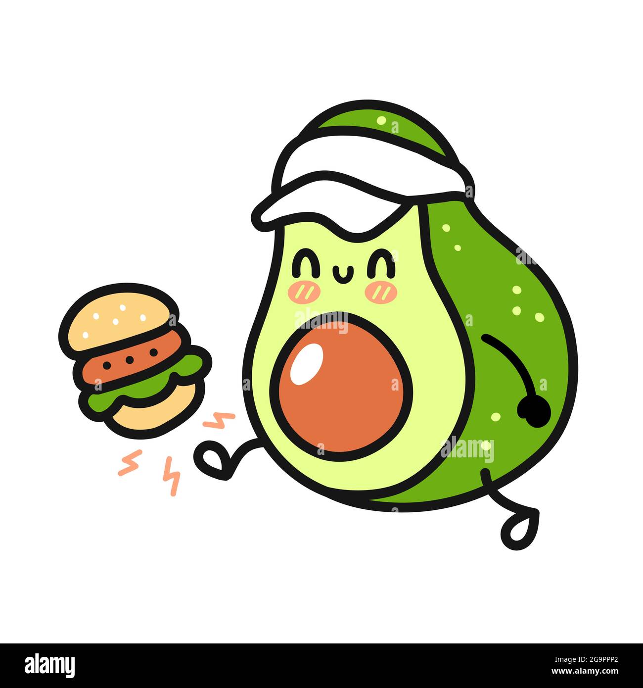 Carino divertente felice avocado kick Burger.Vector mano disegnata cartoon doodle kawaii personaggio illustrazione icon.Isolated su sfondo bianco.Avocado, sport, sano cibo cartone animato sorriso felice concetto di carattere Illustrazione Vettoriale
