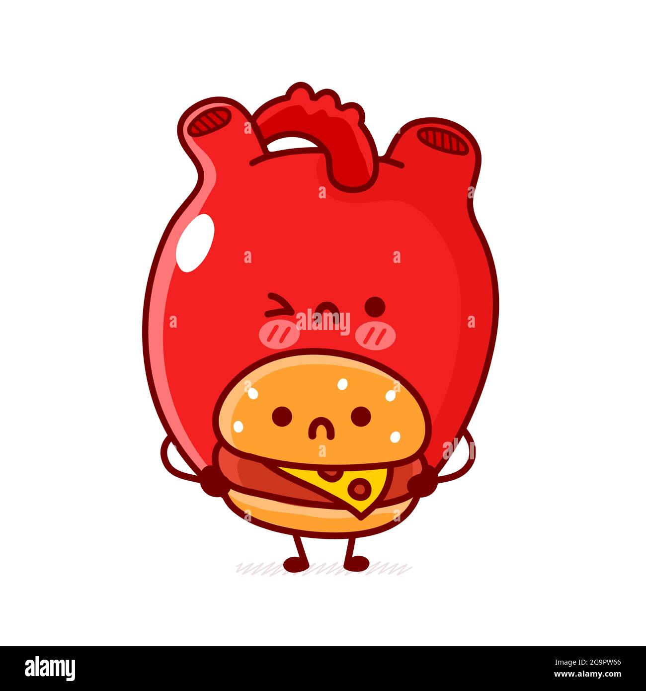 Carino triste cuore umano organo tenere hamburger. Vettoriale linea piatta doodle cartoon kawaii personaggio illustrazione. Isolato su sfondo bianco. Organo cuore umano, concetto di carattere mascotte cartone animato fast food Illustrazione Vettoriale