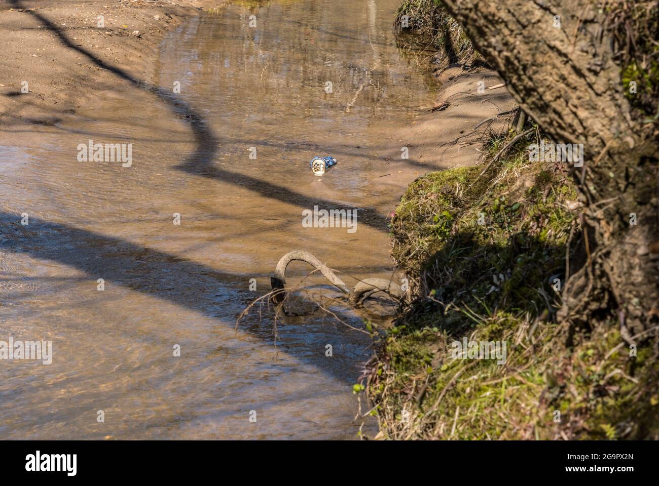 Una birra o una soda può gettarsi nel torrente a metà sommersa nella sabbia lungo la riva inquinando l'ambiente in una giornata di sole luminoso a fine inverno Foto Stock