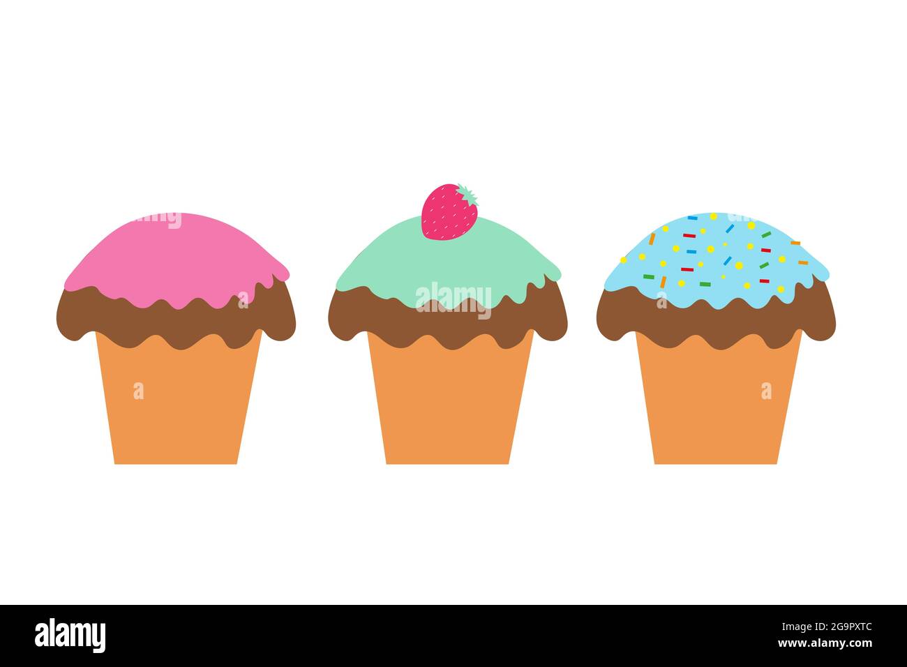Set di muffin con glassa colorata e bacche su sfondo isolato. Tempo del tè. Dessert. Elementi di progettazione. Cibo malsano. Vettore. Illustrazione Vettoriale