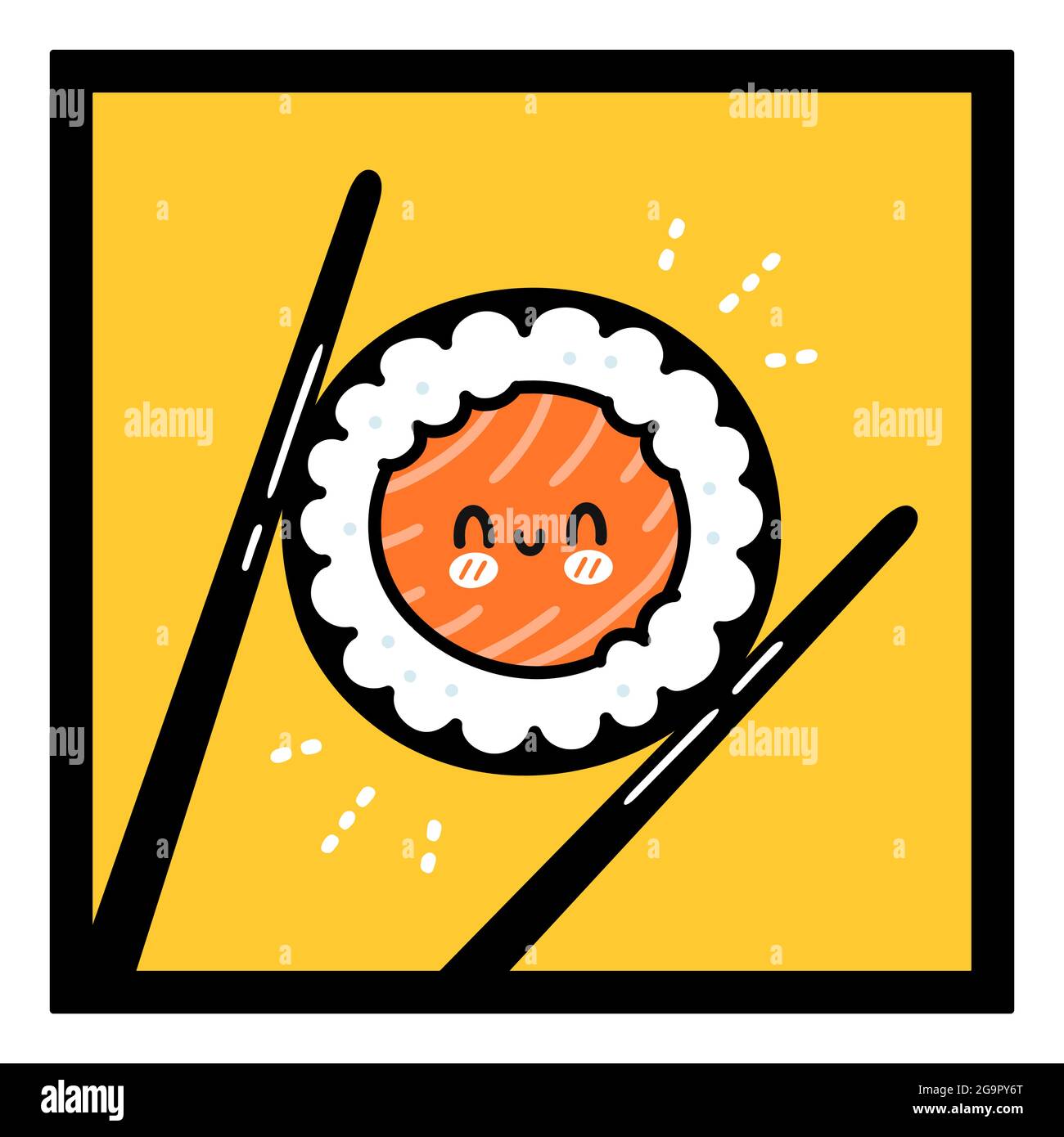 Chopsticks che tiene il carattere felice del rotolo del sushi. Vettore disegno a mano cartone animato kawaii doodle personaggio illustrazione logo icona. Sushi roll cartoon faccia, chopsticks, cucina asiatica ristorante concetto logo Illustrazione Vettoriale
