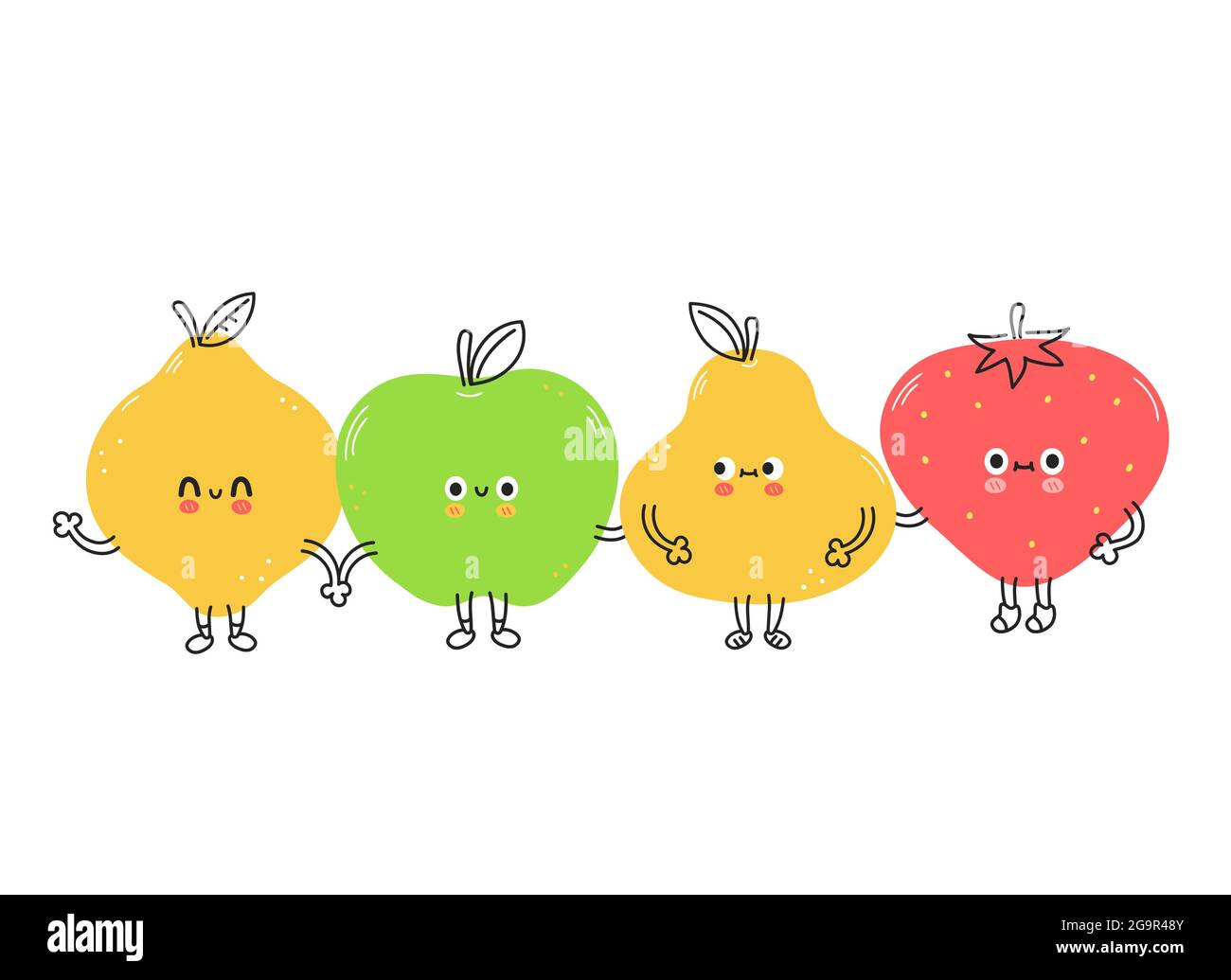 Carino divertente limone, fragola, pera, mela frutta. Vettore disegnata a mano cartone animato kawaii doodle icona illustrazione carattere. Concetto di personaggio limone, fragola, pera, mela cartone animato. Isolato su sfondo bianco Illustrazione Vettoriale