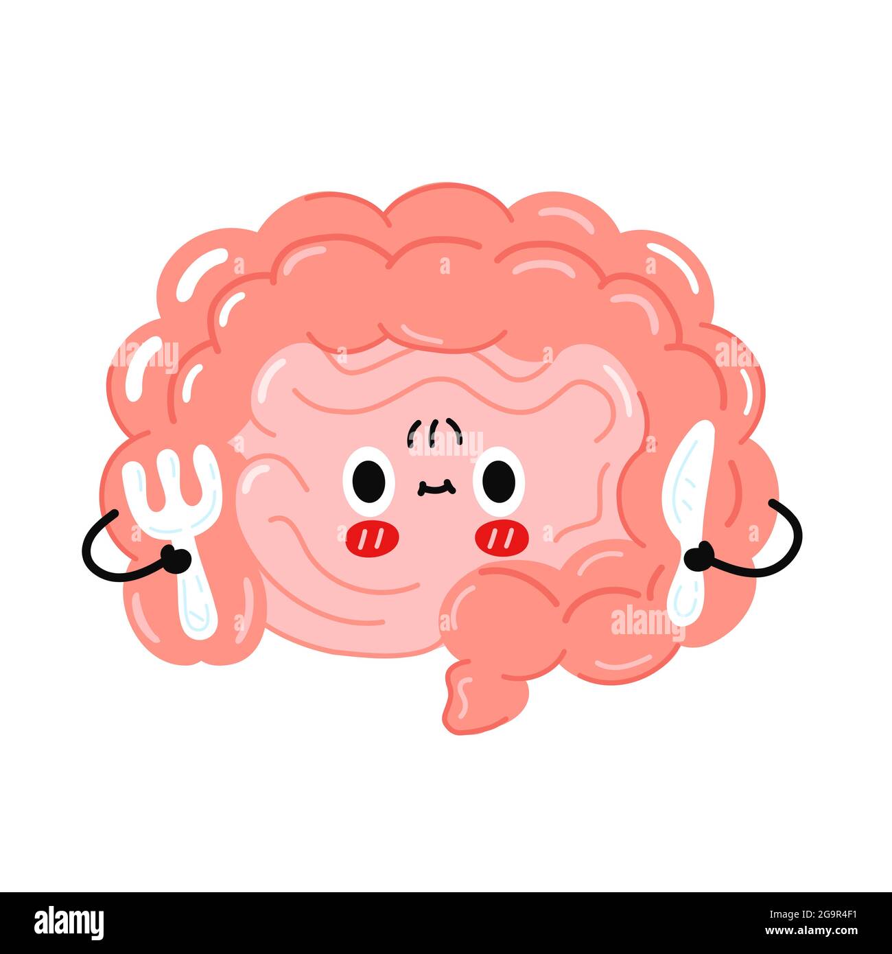 Simpatico simpatico personaggio dell'organo intestinale con coltello e forchetta. Icona raffigurante il carattere kawaii del fumetto disegnato a mano del vettore. Isolato su sfondo bianco. Organo intestinale umano, concetto di carattere cartoon Illustrazione Vettoriale