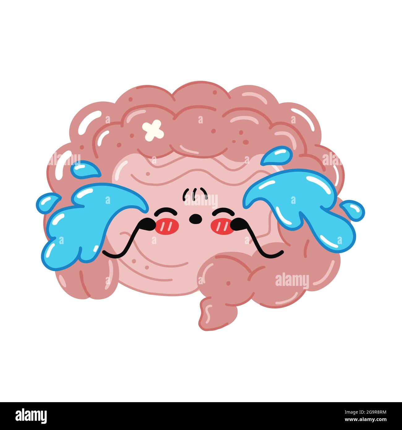 Carino divertente triste grido malato intestino organo carattere. Icona raffigurante il carattere kawaii del fumetto disegnato a mano del vettore. Isolato su sfondo bianco. Intestino umano organo malsano, concetto di carattere cartoon Illustrazione Vettoriale