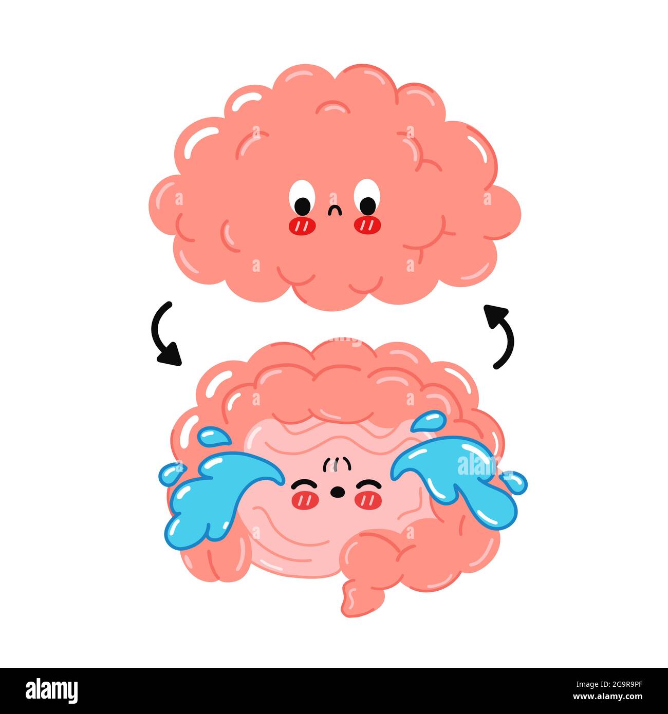 Cute divertente triste intestino umano, cervello connesion.Vector cartoon kawaii personaggio illustrazione icon.Isolated su sfondo bianco.Brain, intestino partner problema, nervi cartoon noodle concetto di carattere Illustrazione Vettoriale